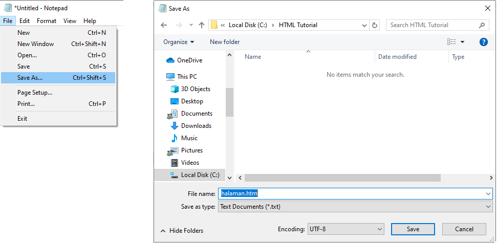 menyimpan file pada editor html